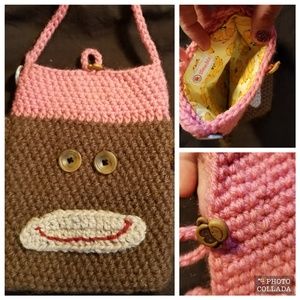 Crochet sock monkey crossbody bag euc